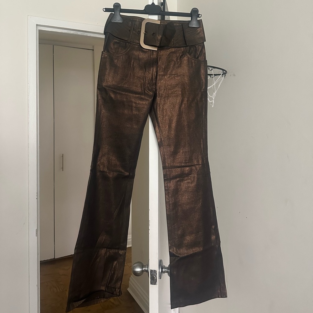 Vintage Christian Dior Metallic Coated Denim Pants w/ Belt Y2K Made in France